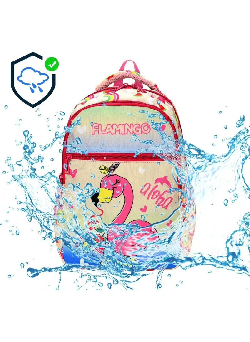 Tezzgelsin Girls Flamingo Colorful Printed 3 Compartment and Lunch Box Primary School Backpack and School Bag