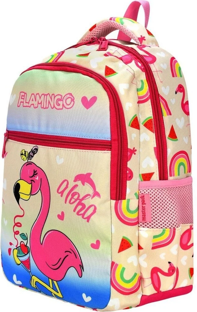تيزجيلسين Girls Flamingo Colorful Printed 3 Compartment and Lunch Box Primary School Backpack and School Bag