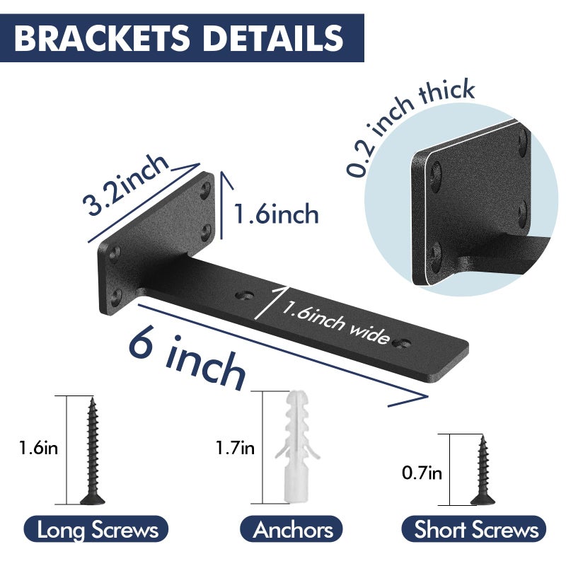 Starunder 6 Pack Floating Shelf Brackets, 6 Inch Heavy Duty Industrial Shelf Bracket, Black Metal L Brackets for Shelves Support DIY(1/5 Inch Thicked) - Image 5