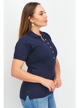 GEOGRAPHICAL NORWAY Women Spread Collar Short Sleeve Embroidered Polo Shirt, Navy Blue  - Image 2