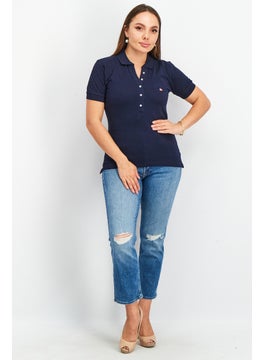 GEOGRAPHICAL NORWAY Women Spread Collar Short Sleeve Embroidered Polo Shirt, Navy Blue  - Image 1