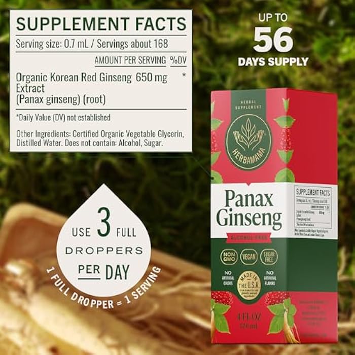 HERBAMAMA Panax Ginseng Root Tincture - Immune & Overall Support with Korean Red Ginseng Supplement - Vegan, Non-GMO, Alcohol & Sugar-Free Herbal Drops, 56-Day Supply - Image 3