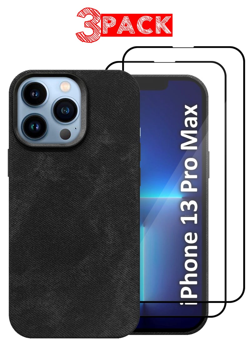 CATANES 3Packs iPhone 13 Pro Max Alcantara Case Cover Premium Quality Luxurious Soft Touch Protection with Metal Camera Frame with Two 3D Screen Protectors - Black  - Image 1