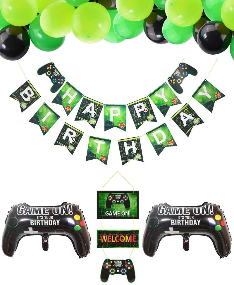 JMD Video Game Party Supplies HAPPY BIRTHDAY Gaming Banner GAME ON Welcome Hanging Decor and 32 Pcs Gamer Themed Balloons for Kids and Boys Birthday Party - Image 2