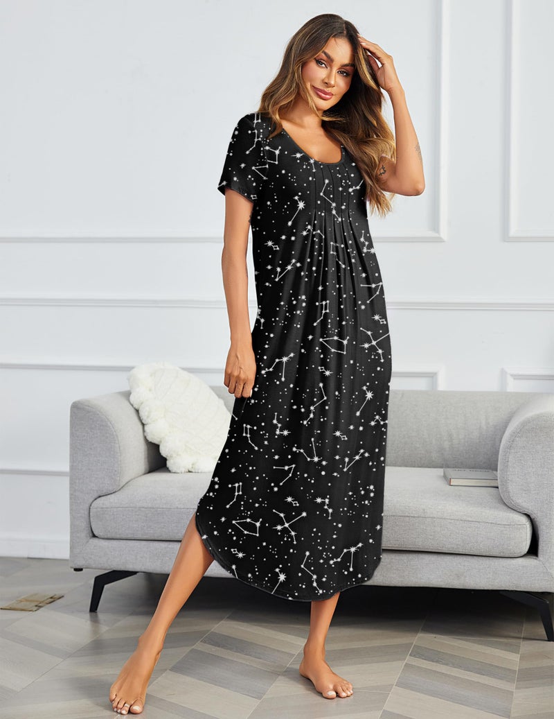 Ekouaer Long Nightgowns for Women Soft House Dress Pleated Front Nightshirt Full Length Loungwear Black Star M - Image 2