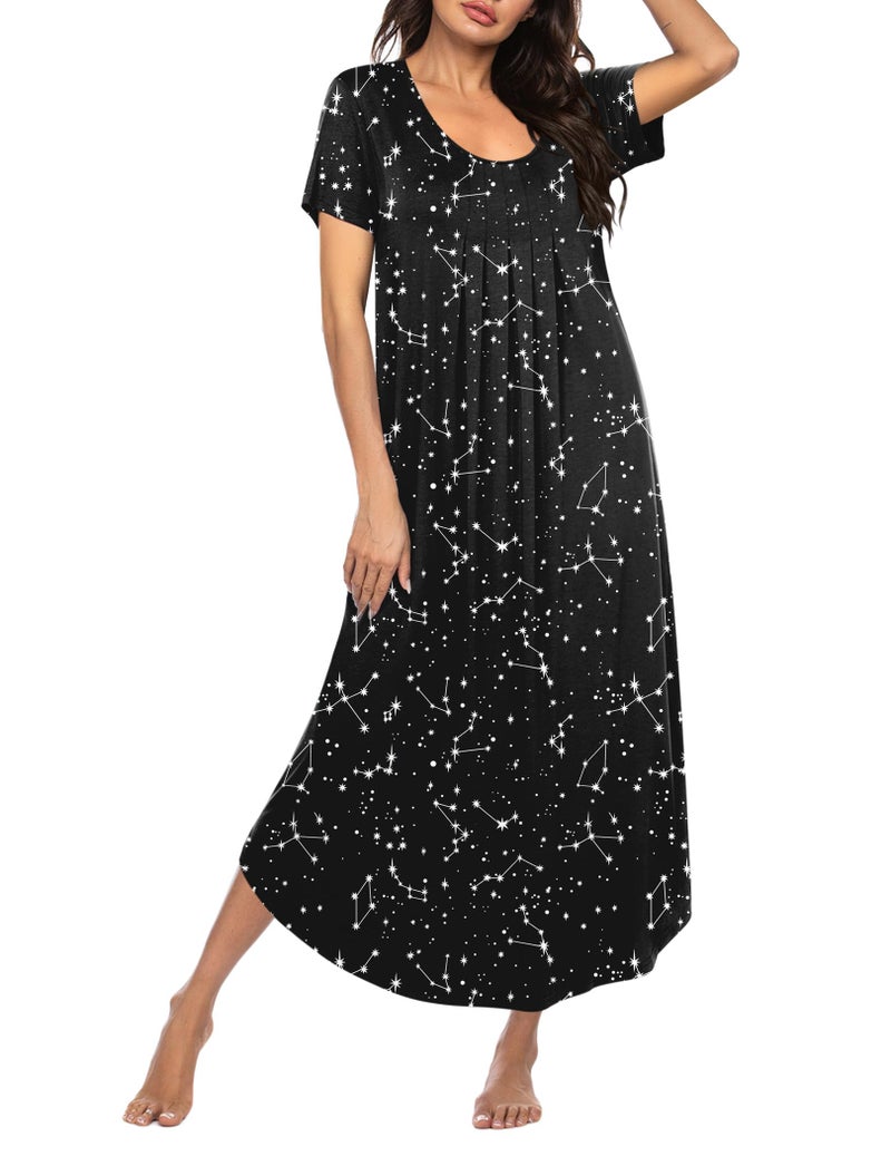 Ekouaer Long Nightgowns for Women Soft House Dress Pleated Front Nightshirt Full Length Loungwear Black Star M - Image 1