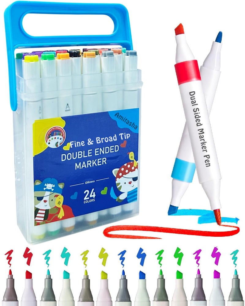 Amitasha 24 Shades Art Markers Set Dual Sided Chisel Tip Fine Line Colour Sketch Pens for Coloring Books, Drawing Shades, Calligraphy for Kids Adults Stationery Gift - Image 1