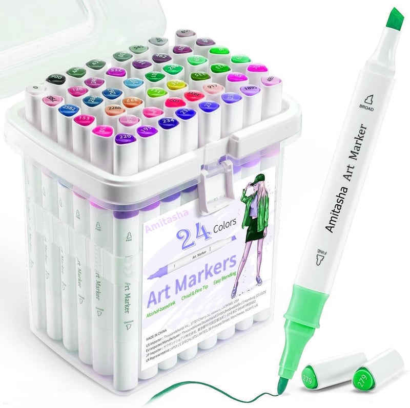 Amitasha 24 Shades Art Markers Set Dual Sided Chisel Tip Fine Line Colour Sketch Pens for Coloring Books, Drawing Shades, Calligraphy for Kids Adults Stationery Gift - Image 2