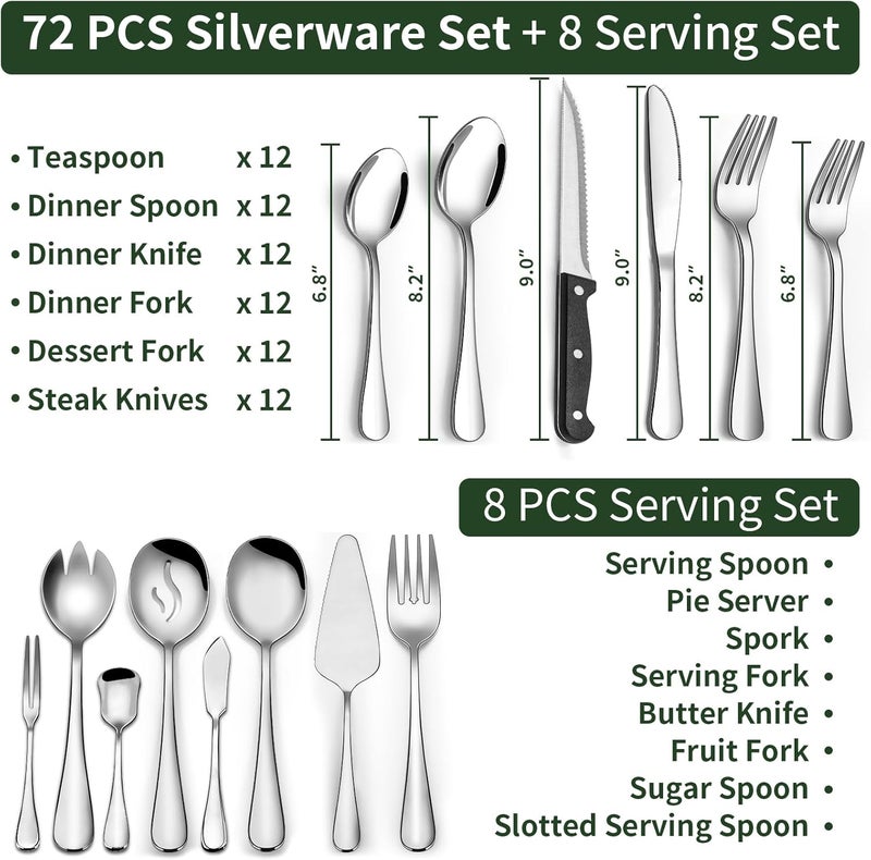 CEKEE 80 Pieces Silverware Set with Serving Utensils Set CEKEE Stainless Steel Flatware Set for 12 with Steak Knives Heavy Duty Cutlery Set Kitchen Utensil Sets for Home Restaurant Dishwasher Safe - Image 2