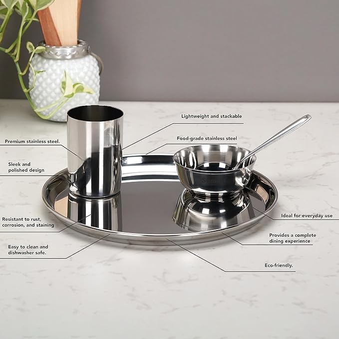 STEEPLE Stainless Steel Dinner Set Mirror Finish 24 Pcs 6 Plates 6 BowlsWatis 6 Glasses 6 Spoons Durable Elegant Dining Set - Image 3