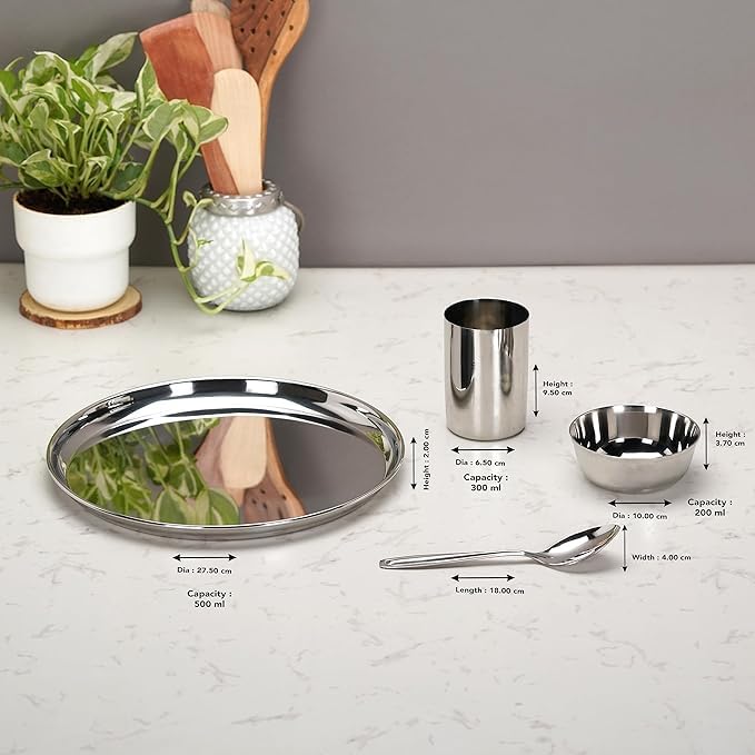 STEEPLE Stainless Steel Dinner Set Mirror Finish 24 Pcs 6 Plates 6 BowlsWatis 6 Glasses 6 Spoons Durable Elegant Dining Set - Image 4