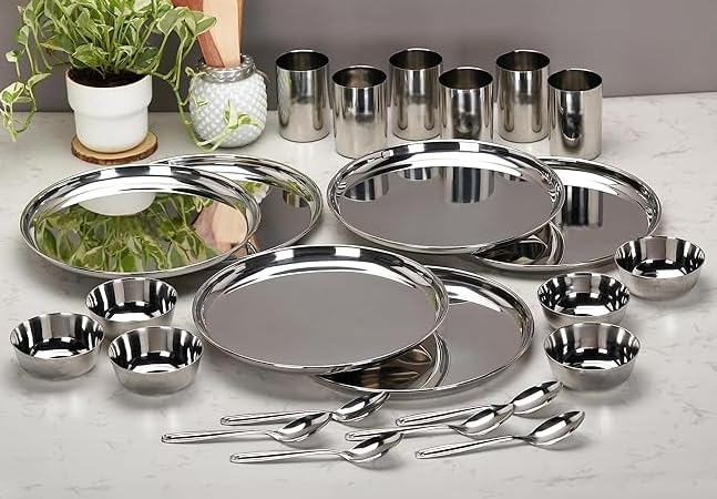 STEEPLE Stainless Steel Dinner Set Mirror Finish 24 Pcs 6 Plates 6 BowlsWatis 6 Glasses 6 Spoons Durable Elegant Dining Set - Image 1