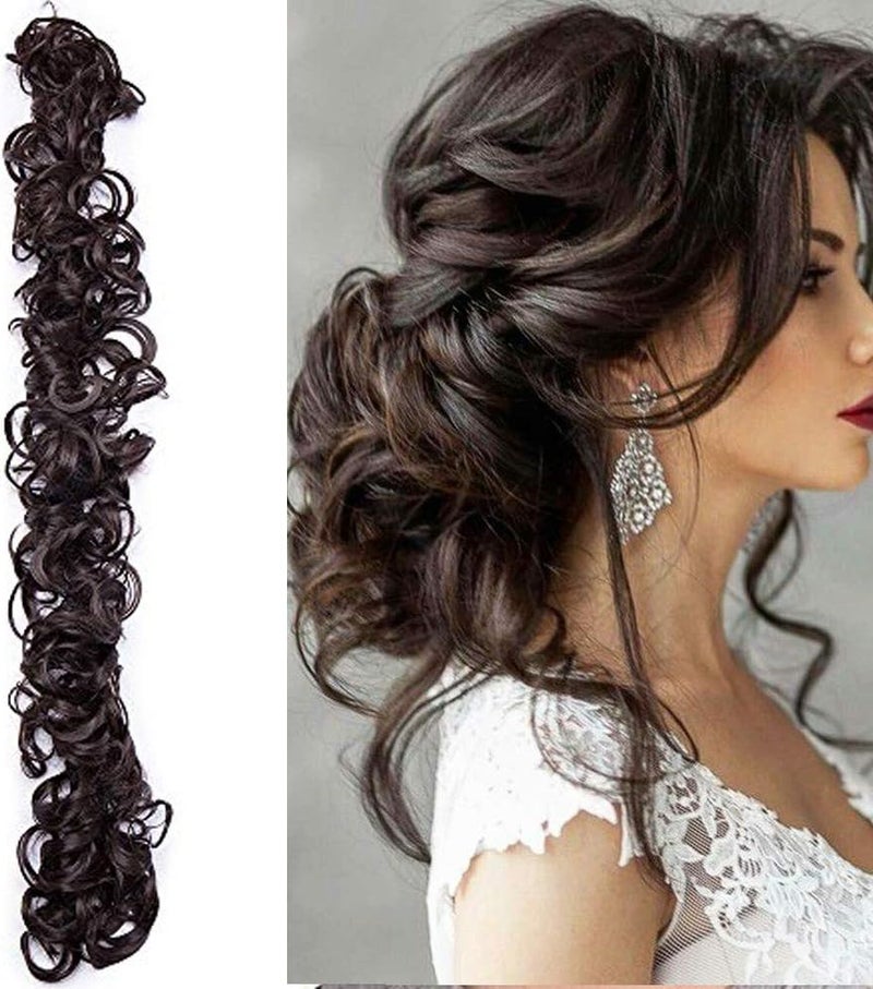 رباط شعر كعكة طويلة مشدود للشعر المجعد الفوضوي برباط ذيل حصان بتموجات بني متوسط