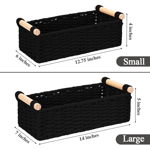 Jukercici Boho Cotton Rope Storage Baskets Set of 2 Woven Wicker Organizer Bins with Wooden Handles Small Decorative Boxes for Organizing Toilet Paper Baskets for Bathroom Countertop Shelves Black 2 Pack - Image 3