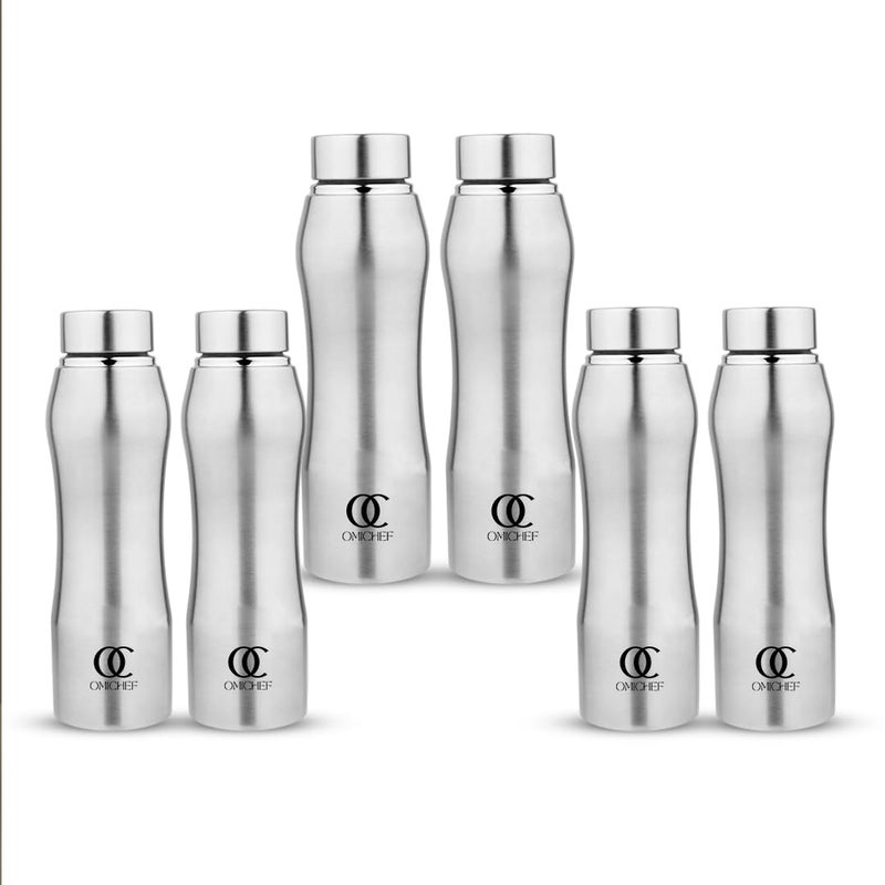 Omichef Curvy Stainless Steel Single Wal 1000ML Fridge Water Bottle Best For HomeOfficeSchoolGym BPA Free Leak Proof Capacity 1000 ML Pack Of 6 - Image 1