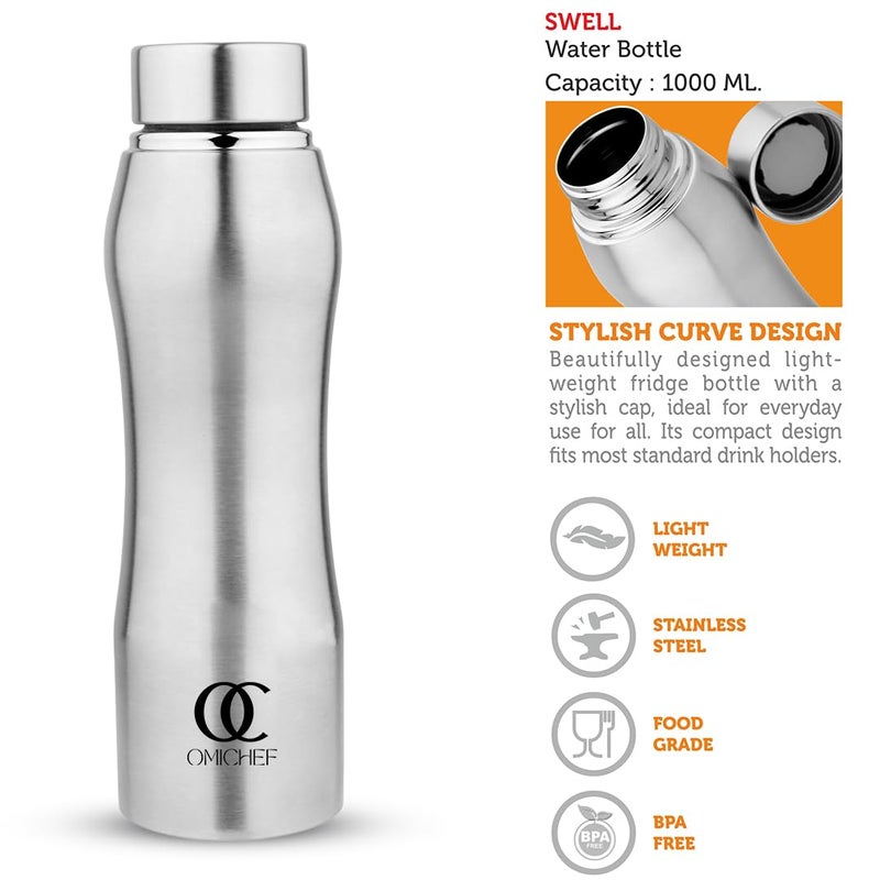 Omichef Curvy Stainless Steel Single Wal 1000ML Fridge Water Bottle Best For HomeOfficeSchoolGym BPA Free Leak Proof Capacity 1000 ML Pack Of 6 - Image 3