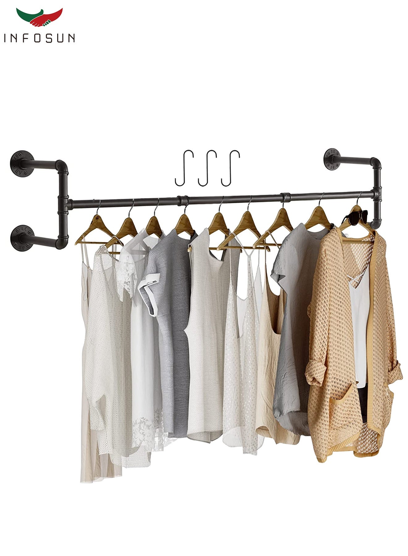 Clothes Rack Wall Mounted, Industrial Pipe Garment Rack Detachable Adjustable 130 CM Long, Heavy Duty Iron Garment Bar with 3 S-Shaped Hooks