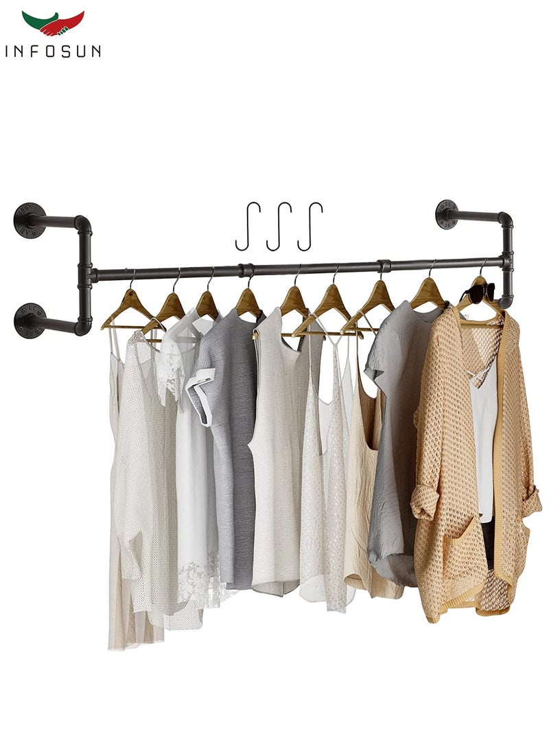 INFOSUN Clothes Rack Wall Mounted, Industrial Pipe Garment Rack Detachable Adjustable 130 CM Long, Heavy Duty Iron Garment Bar with 3 S-Shaped Hooks - Image 1