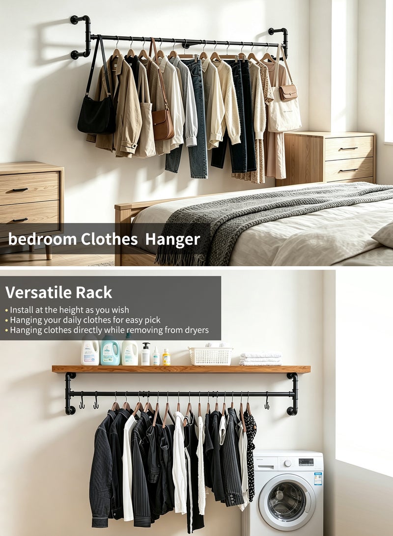 INFOSUN Clothes Rack Wall Mounted, Industrial Pipe Garment Rack Detachable Adjustable 130 CM Long, Heavy Duty Iron Garment Bar with 3 S-Shaped Hooks - Image 2