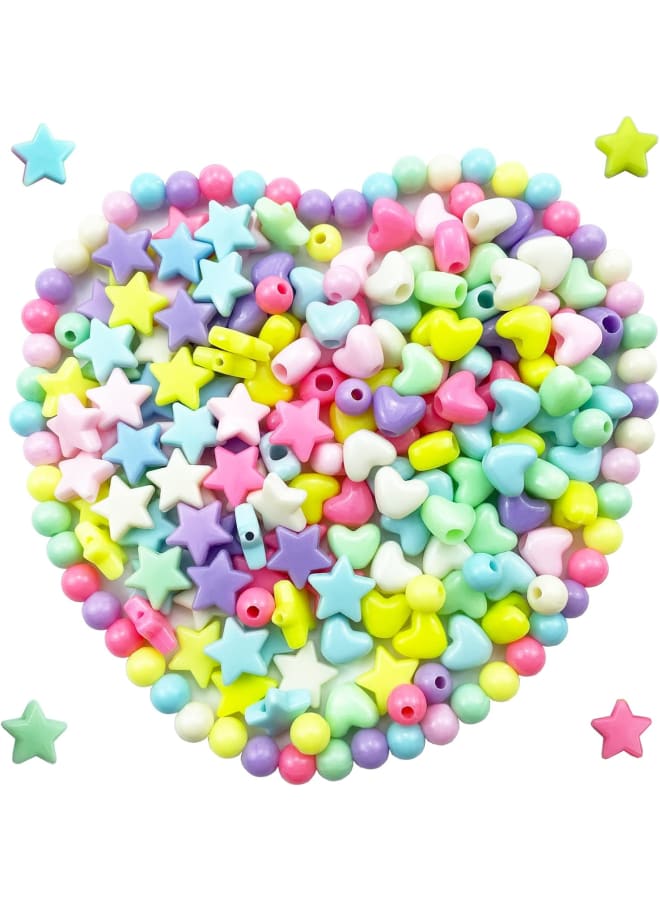 500 Pastel Acrylic Heart Beads Star Beads Round Beads Colorful Assorted Mixed Shape Pony Beads DIY Jewelry Craft Making Necklace Rainbow Bracelet Large Hole Beads - Image 1