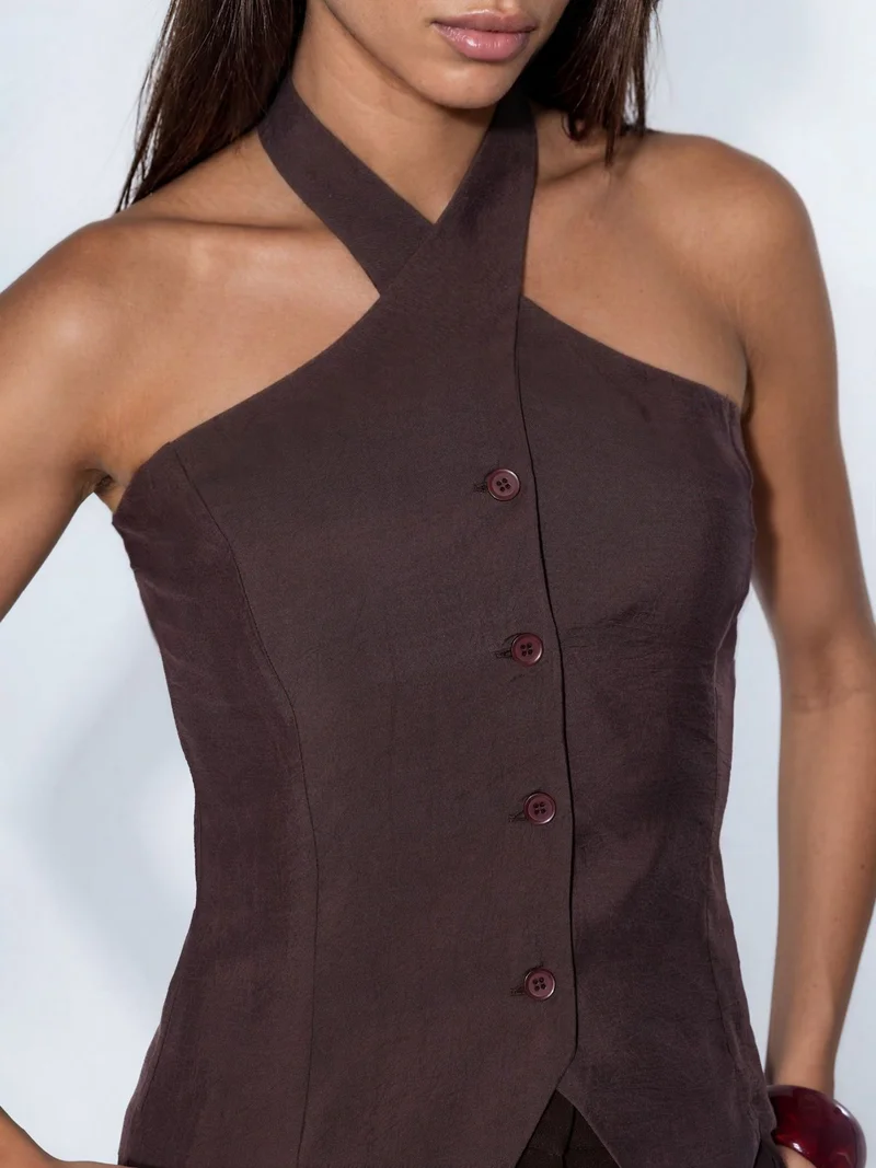 Hiccup Beaver Brown Modal Blend Halter Tie Fitted Vest for Women | Best Price UAE