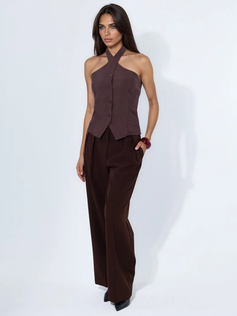 Hiccup Beaver Brown Modal Blend Halter Tie Fitted Vest for Women | Best Price UAE