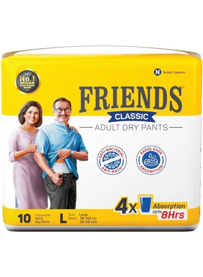 Friends Classic Adult Diapers Pants Style - 10 Count (Large) with odour lock, Unisex, Leakproof, Elastic Waist and Anti-Bacterial Absorbent Core - Waist Size 30-56 inch; 76-142 cm - Image 1