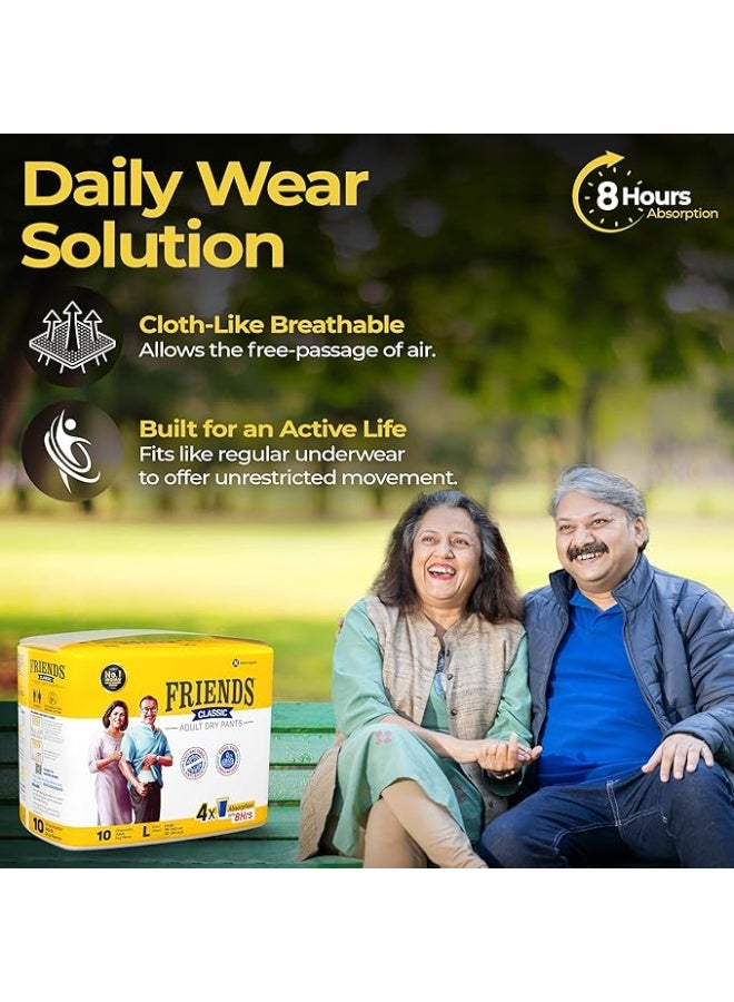 Friends Classic Adult Diapers Pants Style - 10 Count (Large) with odour lock, Unisex, Leakproof, Elastic Waist and Anti-Bacterial Absorbent Core - Waist Size 30-56 inch; 76-142 cm - Image 2