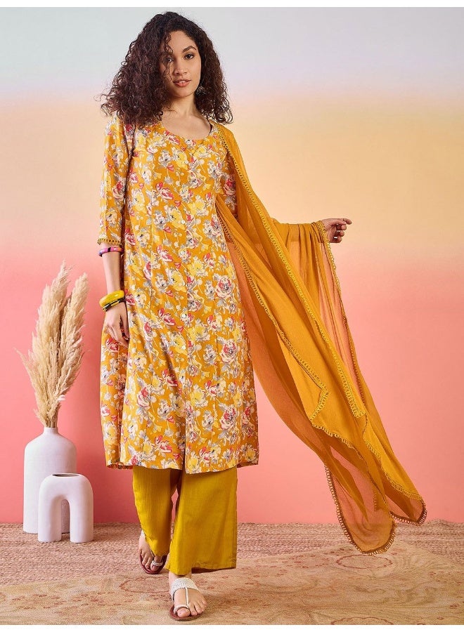 AKS Mustard Muslin Floral Print Kurta Set With Dupatta  - Image 2