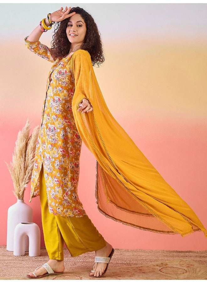 AKS Mustard Muslin Floral Print Kurta Set With Dupatta  - Image 4