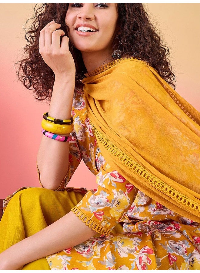 AKS Mustard Muslin Floral Print Kurta Set With Dupatta  - Image 1