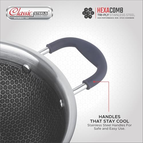 Classic Steels Hexa Comb Triply Kadai Without Lid - 1.5 LTR (20cm) | Non-Stick Stainless Steel Kadhai for Cooking | Induction & Gas Compatible | 2.5mm Thickness | Durable Stay Cool Silicon Handle - Image 5