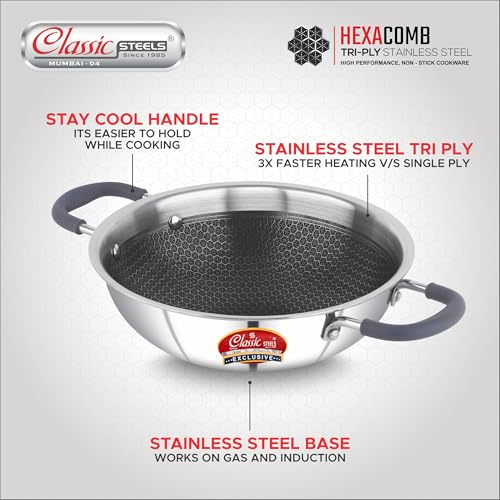 Classic Steels Hexa Comb Triply Kadai Without Lid - 1.5 LTR (20cm) | Non-Stick Stainless Steel Kadhai for Cooking | Induction & Gas Compatible | 2.5mm Thickness | Durable Stay Cool Silicon Handle - Image 3