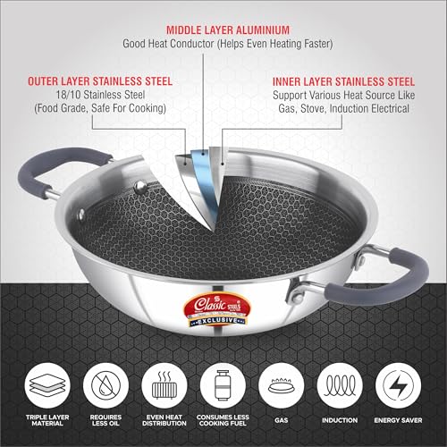 Classic Steels Hexa Comb Triply Kadai Without Lid - 1.5 LTR (20cm) | Non-Stick Stainless Steel Kadhai for Cooking | Induction & Gas Compatible | 2.5mm Thickness | Durable Stay Cool Silicon Handle - Image 4