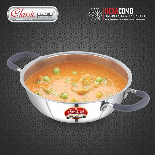 Classic Steels Hexa Comb Triply Kadai Without Lid - 1.5 LTR (20cm) | Non-Stick Stainless Steel Kadhai for Cooking | Induction & Gas Compatible | 2.5mm Thickness | Durable Stay Cool Silicon Handle - Image 2