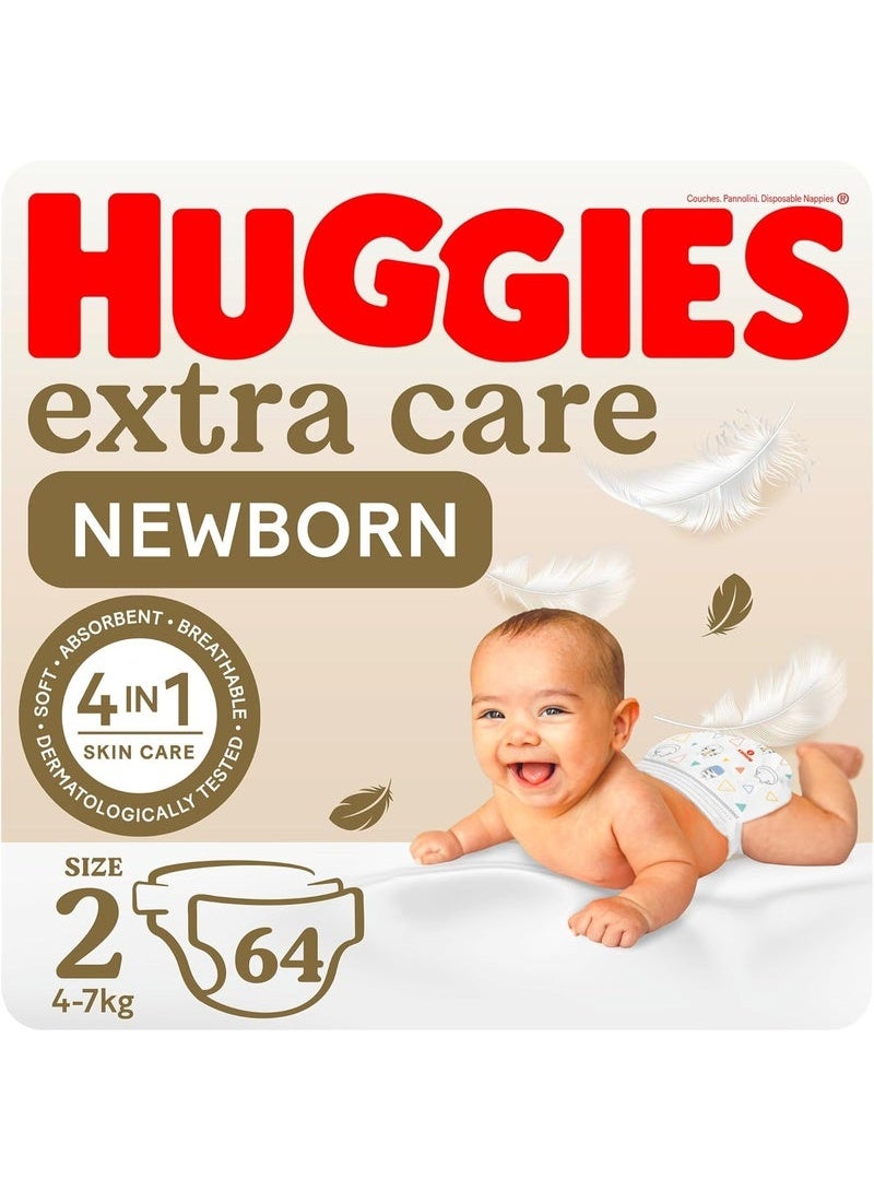 Huggies Extra Care Newborn Diapers, Size 2 (4-7kg), 64 Count