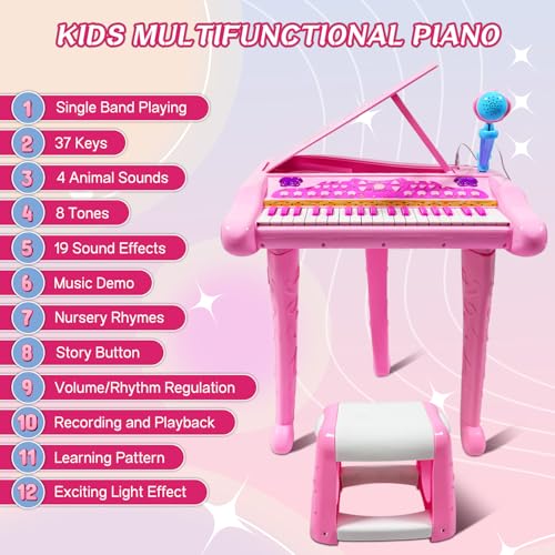 Dollox Keyboard Piano for Kids 37Key Toddler Piano Musical Instrument Toy Electric Keyboard for Girls 3 4 5 6 7 Years Old Birthday Gift Mini Music Toy with Stool Pink - Image 5