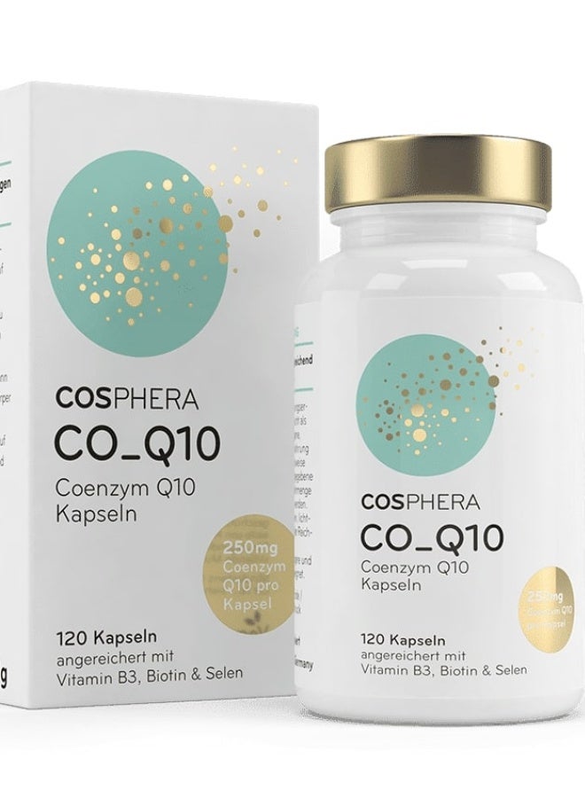 كوسفيرا Coenzyme Q10 250 mg – 120 كبسولة نباتية دعم للبشرة، مضاد للشيخوخة، صحة القلب والأوعية الدموية، وظائف الأعصاب، والجهاز المناعي صُنع في ألمانيا - Image 1