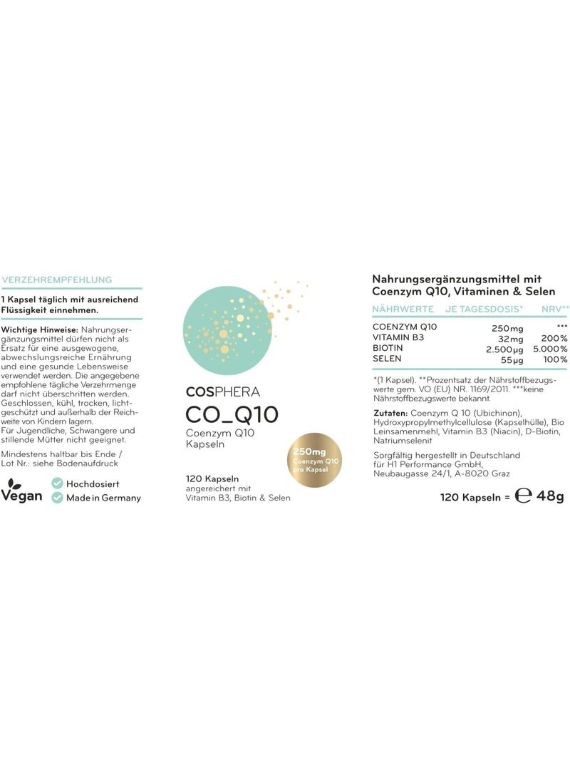 كوسفيرا Coenzyme Q10 250 mg – 120 كبسولة نباتية دعم للبشرة، مضاد للشيخوخة، صحة القلب والأوعية الدموية، وظائف الأعصاب، والجهاز المناعي صُنع في ألمانيا - Image 5