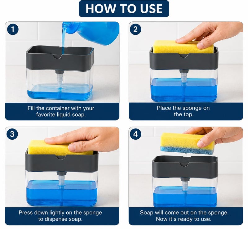 VYOOx 2 in 1 Soap Dispenser with Sponge Holder for Kitchen Sink | Liquid Soap Pump Dispenser with Sponge Caddy | Dish Wash Soap Container for Home Kitchen Bathroom - Image 3