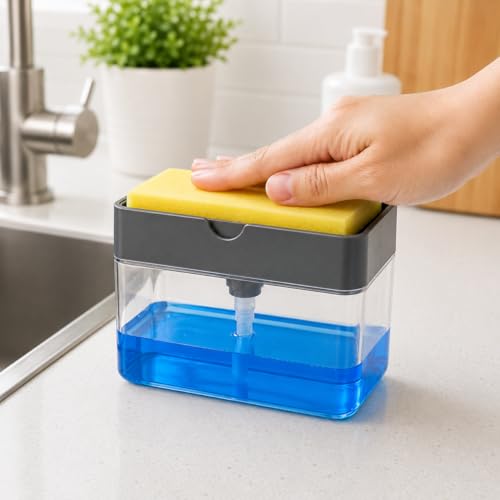 VYOOx 2 in 1 Soap Dispenser with Sponge Holder for Kitchen Sink | Liquid Soap Pump Dispenser with Sponge Caddy | Dish Wash Soap Container for Home Kitchen Bathroom - Image 1
