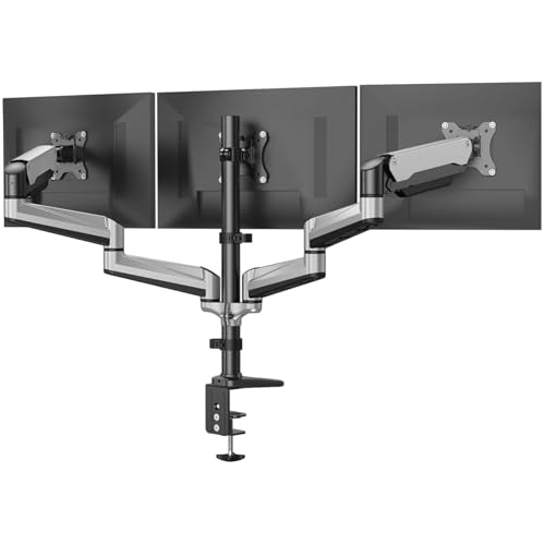 HUANUO Gaming Triple Monitor Stand, Full Motion Articulating Triple Monitor Mount Fit 17 to 32 inch Flat/Curved LCD Computer Screens with Clamp, Grommet Kit, Silver - Image 1