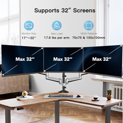 HUANUO Gaming Triple Monitor Stand, Full Motion Articulating Triple Monitor Mount Fit 17 to 32 inch Flat/Curved LCD Computer Screens with Clamp, Grommet Kit, Silver - Image 2