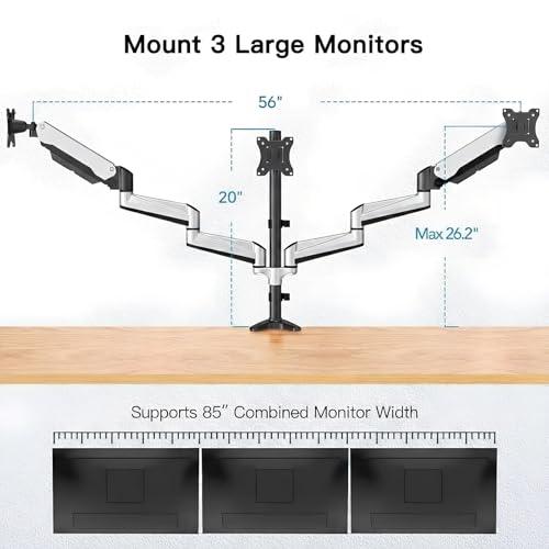HUANUO Gaming Triple Monitor Stand, Full Motion Articulating Triple Monitor Mount Fit 17 to 32 inch Flat/Curved LCD Computer Screens with Clamp, Grommet Kit, Silver - Image 3