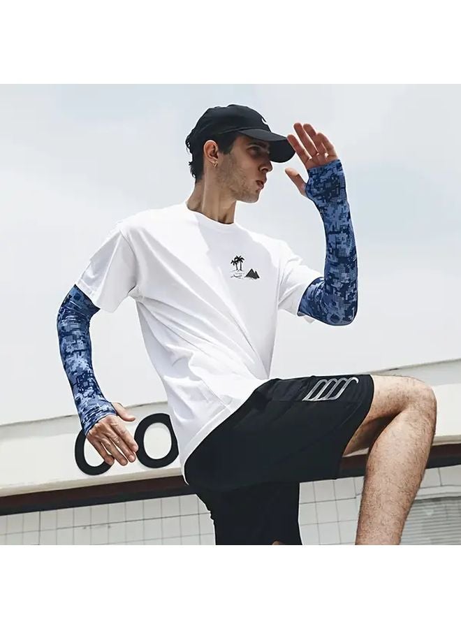 2pcs Blue Camouflage Sports Arm Sleeves Moisture Wicking Sun Protection - Image 2