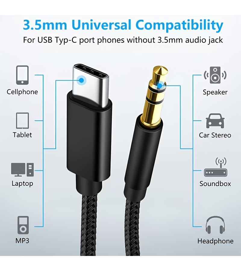 كابل USB-C إلى 3.5 ملم للصوت بطول 39.37 بوصة، لسماعات السيارة وبطاقة الصوت والبث المباشر - Image 1