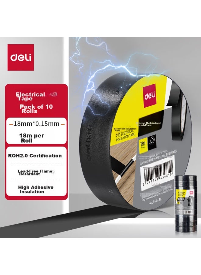 Deli Pvc Electrical Insulation Tape, Waterproof, Flame-retardant, Low Temperature Resistant, 18mm*18m*0.15mm, Black, 18 Meters, 10 Rolls, Jf411-bk - Image 1