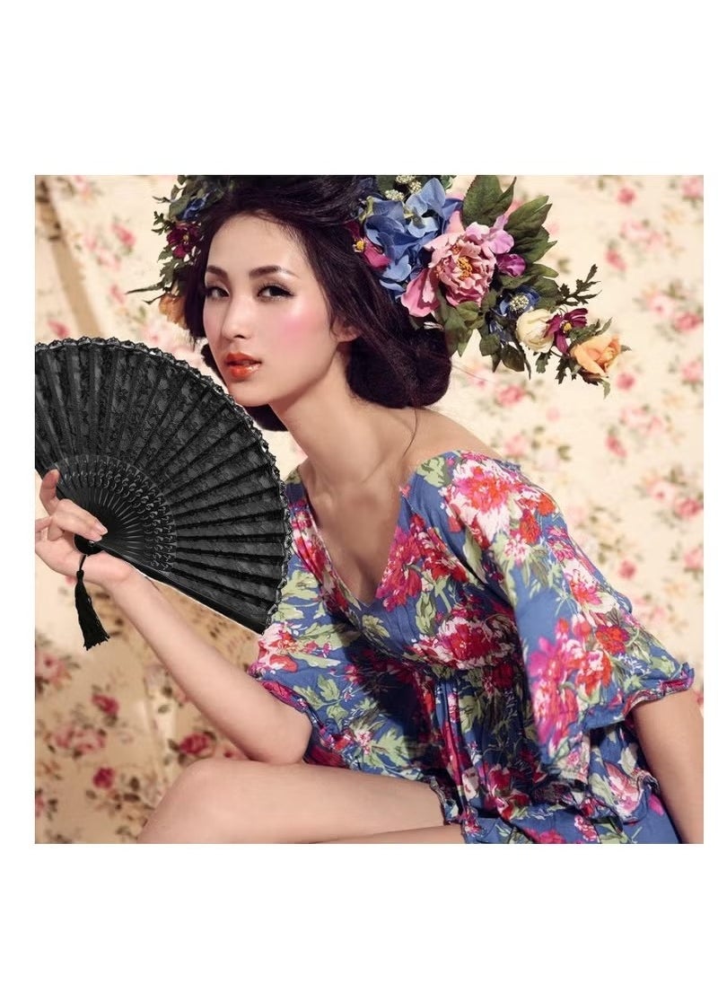 Unewshi Hand Fan with Frame Silk Fabric Bamboo Ribs Handheld Folding Wall Decoration Wedding Party Lace for Women Girls Gifts  - Image 2