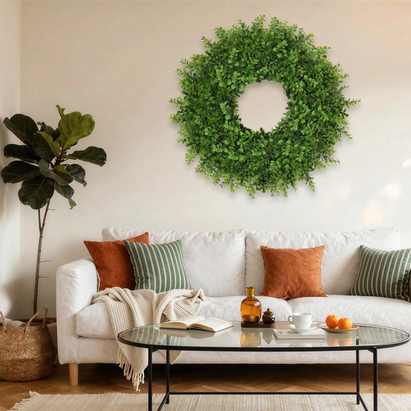 JDKPK Boxwoods Wreaths for Front Door 26 Inch Large Artificial Green Leaves Greenery Indoor Outdoor Wreath Home Decor Porch Window Wall Farmhouse Door Decorations Spring Summer Fall All Seasons - Image 3
