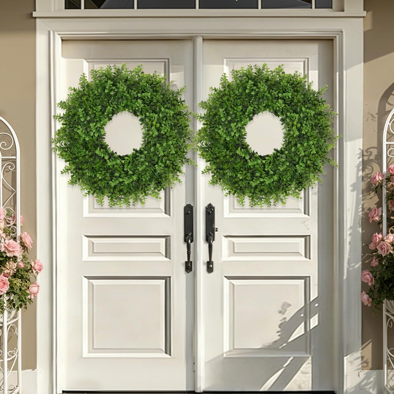 JDKPK Boxwoods Wreaths for Front Door 26 Inch Large Artificial Green Leaves Greenery Indoor Outdoor Wreath Home Decor Porch Window Wall Farmhouse Door Decorations Spring Summer Fall All Seasons - Image 2